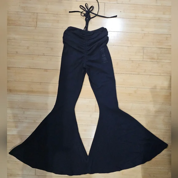 Dolls Kill Darker Wavs Fader V-Cut Washed Bell Bottoms Black Flare Leggings S - Picture 3 of 6